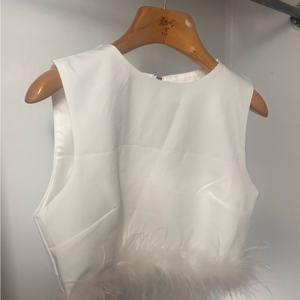 Elegant White Feather-Trimmed Top